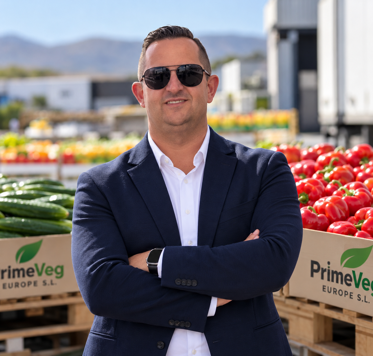 Michał Kozak, właściciel PrimeVeg Europe S.L., na tle świeżych warzyw